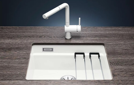 Zlewozmywak Blanco Etagon 500-U Ceramika PuraPlus biały połysk zlew podwieszany jednokomorowy odpływ InFino szyny ze stali szlachetnej