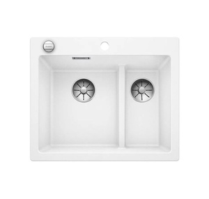 Zlewozmywak Blanco Pleon 6 Split Silgranit biały lewa zlew wpuszczany w blat jednokomorowy z odpływem InFino korek automatyczny o ponadczasowym eleganckim kształcie