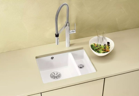 Zlewozmywak Blanco Subline 350/150-U Ceramika PuraPlus biały połysk lewa zlew podwieszany 1,5-komorowy odpływ InFino stylowa linia komór podwieszanych