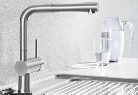 Bateria kuchenna Blanco Linus-S stal szczotkowana bateria z praktyczną wyciąganą wylewką elegancki design minimalistyczne wykończenie