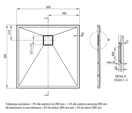 Brodzik granitowy kwadratowy Deante Correo 90x90 cm czarny odporny na uderzenia i wysoką temperaturę właściwości antypoślizgowe