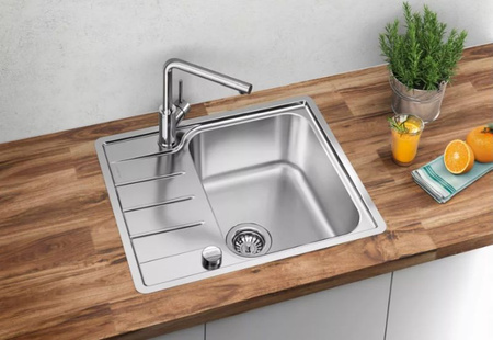 Zlewozmywak Blanco Lemis 45 S-IF Mini stal szczotkowana zlew jednokomorowy montowany na równi z blatem odwracalny korek automatyczny modny prosty wygląd