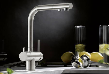 Bateria kuchenna Blanco Fontas II stalowa funkcjonalna nowoczesna bateria z podłączeniem do filtra wody obracana wylewka