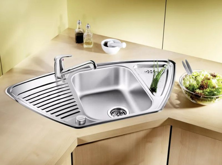 Zlewozmywak Blanco Tipo 9 E stal matowa zlew narożny jednokomorowy wpuszczany w blat korek automatyczny