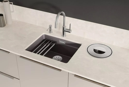 Zlewozmywak Blanco Etagon 500-U Ceramika PuraPlus czarny zlew podwieszany jednokomorowy odpływ InFino szyny ze stali szlachetnej