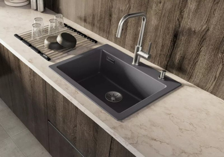 Zlewozmywak Blanco Palona 6 Ceramika PuraPlus czarny zlew wpuszczany w blat jednokomorowy odpływ InFino korek automatyczny nowoczesny klasyk z ceramiki