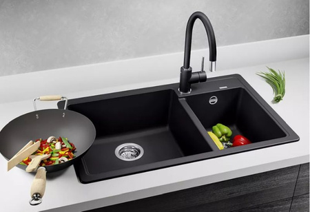 Zlewozmywak Blanco Legra 8 Silgranit delikatny biały zlew wpuszczany w blat dwukomorowy odwracalny klasyczny kształt połączony z nowoczesną funkcjonalnością