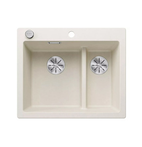 Zlewozmywak Blanco Pleon 6 Split Silgranit delikatny biały lewa zlew wpuszczany w blat jednokomorowy z odpływem InFino korek automatyczny o ponadczasowym eleganckim kształcie