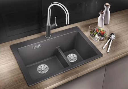 Zlewozmywak Blanco Pleon 6 Split Silgranit antracyt zlew wpuszczany w blat jednokomorowy z odpływem InFino o ponadczasowym eleganckim kształcie