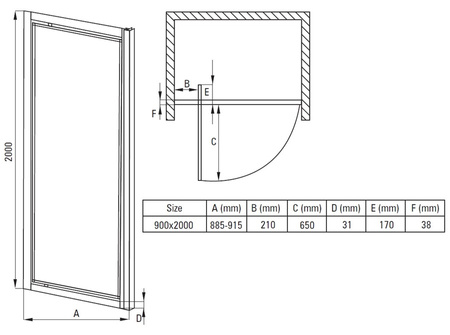 Drzwi prysznicowe wnękowe Deante Jasmin Plus 90 cm chromowane drzwi uchylne z powłoką hydrofobową wytrzymałe szkło hartowane