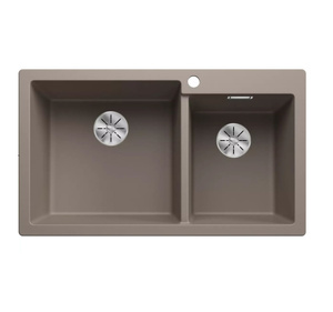 Zlewozmywak Blanco Pleon 9 Silgranit tartufo lewa zlew wpuszczany w blat dwukomorowy z odpływem InFino o ponadczasowym eleganckim kształcie