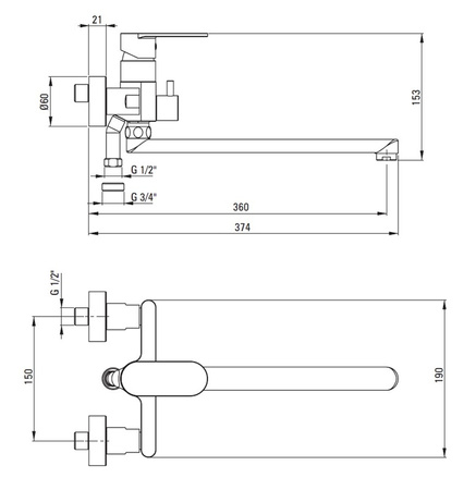 Bateria umywalkowo-wannowa ścienna Deante Alpinia chromowana z wydłużoną wylewką i podłączeniem na wąż