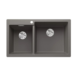 Zlewozmywak Blanco Pleon 9 Silgranit wulkaniczny szary prawa zlew wpuszczany w blat dwukomorowy z odpływem InFino o ponadczasowym eleganckim kształcie