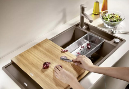 Zlewozmywak Blanco Axia III 5 S Silgranit szarość skały zlew wpuszczany w blat jednokomorowy odwracalny korek automatyczny deska jesionowa