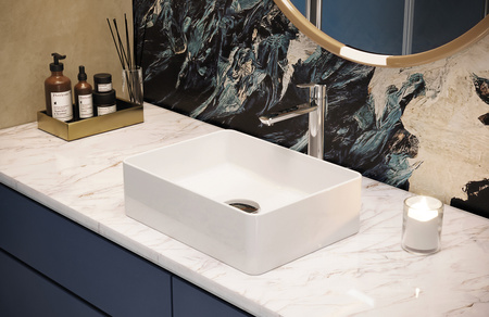 Umywalka nablatowa ceramiczna Deante Jasmin biała prostokątna umywalka wykonana z wytrzymałej ceramiki powłoka antybakteryjna