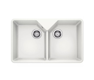 Zlewozmywak Blanco Villae Farmhouse 8 Ceramika biały połysk z jednym otworem zlew nakładany dwukomorowy minimalistyczny design wraz z wysuniętą komorą