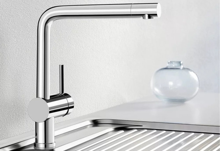 Bateria kuchenna Blanco Linus chromowana nowoczesna bateria do zlewu minimalistyczny design duży zakres obrotu wylewki