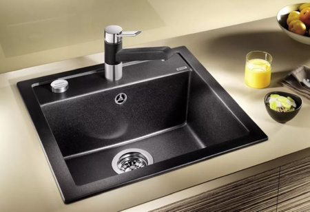 Zlewozmywak Blanco Dalago 5 Silgranit delikatny biały zlew wpuszczany w blat jednokomorowy korek automatyczny prosty kształt i duża pojemność