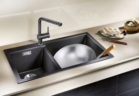 Zlewozmywak Blanco Pleon 9 Silgranit tartufo lewa zlew wpuszczany w blat dwukomorowy z odpływem InFino o ponadczasowym eleganckim kształcie