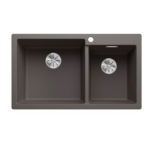 Zlewozmywak Blanco Pleon 9 Silgranit wulkaniczny szary lewa zlew wpuszczany w blat dwukomorowy z odpływem InFino o ponadczasowym eleganckim kształcie