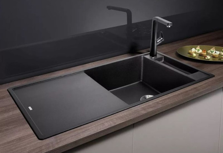 Zlewozmywak Blanco Axia III XL 6 S Silgranit czarny zlew wpuszczany w blat jednokomorowy odwracalny z odpływem InFino korek automatyczny deska jesionowa