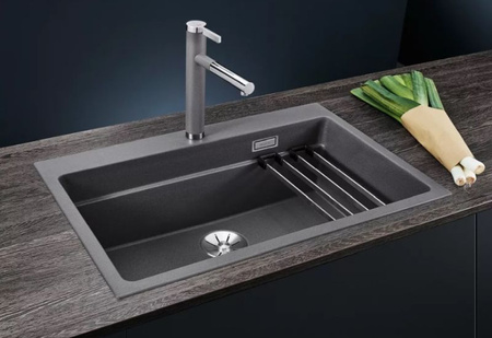 Zlewozmywak Blanco Etagon 8 Silgranit antracyt zlew wpuszczany w blat jednokomorowy z odpływem InFino szyny ze stali szlachetnej