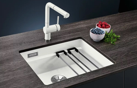 Zlewozmywak Blanco Etagon 500-U Ceramika PuraPlus biały połysk zlew podwieszany jednokomorowy odpływ InFino szyny ze stali szlachetnej