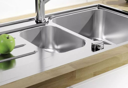 Zlewozmywak Blanco Lemis XL 6 S-IF stal szczotkowana zlew jednokomorowy montowany na równi z blatem odwracalny korek automatyczny modny prosty wygląd