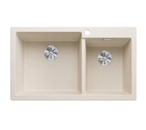 Zlewozmywak Blanco Pleon 9 Silgranit delikatny biały lewa zlew wpuszczany w blat dwukomorowy z odpływem InFino o ponadczasowym eleganckim kształcie