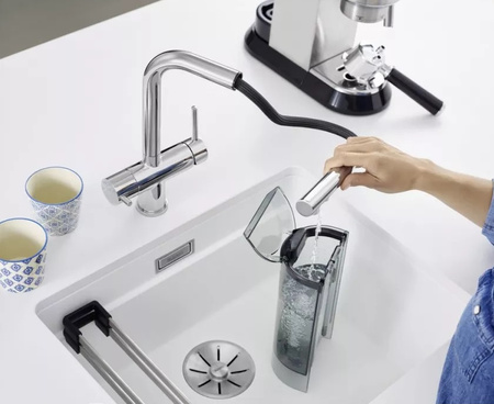 Bateria kuchenna Blanco Fontas-S II stalowa funkcjonalna bateria z praktyczną wyciąganą wylewką i podłączeniem do filtra wody