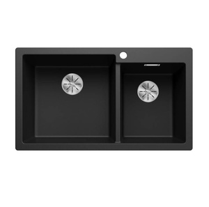 Zlewozmywak Blanco Pleon 9 Silgranit czarny lewa zlew wpuszczany w blat dwukomorowy z odpływem InFino o ponadczasowym eleganckim kształcie