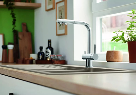 Bateria kuchenna Blanco Fontas-S II stalowa funkcjonalna bateria z praktyczną wyciąganą wylewką i podłączeniem do filtra wody