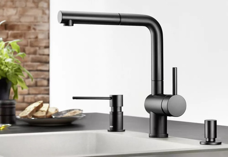 Bateria kuchenna Blanco Linus-S czarny mat bateria z praktyczną wyciąganą wylewką elegancki design minimalistyczne wykończenie