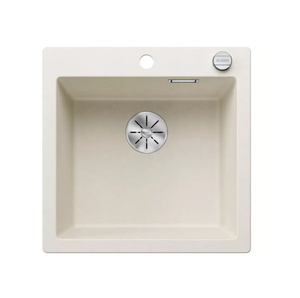 Zlewozmywak Blanco Pleon 5 Silgranit delikatny biały zlew wpuszczany w blat jednokomorowy z odpływem InFino korek automatyczny o ponadczasowym eleganckim kształcie