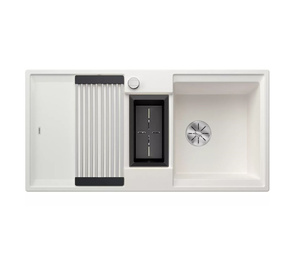 Zlewozmywak Blanco Adira 6 S-F Silgranit biały zlew wpuszczany w blat 1,5-komorowy z odpływem InFino odwracalny korek automatyczny mata stalowa składana