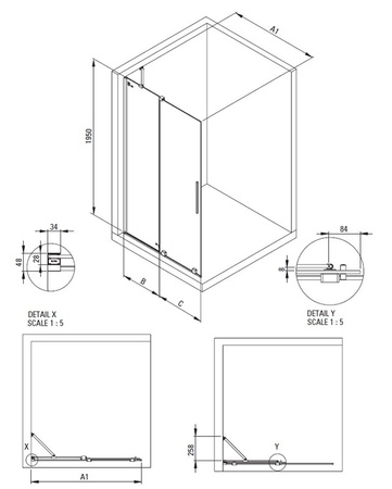 Ścianka prysznicowa walk-in Deante Prizma 120 cm złota przesuwna ścianka prysznicowa z powłoką hydrofobową system modułowy