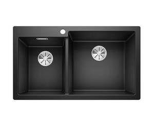 Zlewozmywak Blanco Pleon 9 Silgranit czarny prawa zlew wpuszczany w blat dwukomorowy z odpływem InFino o ponadczasowym eleganckim kształcie