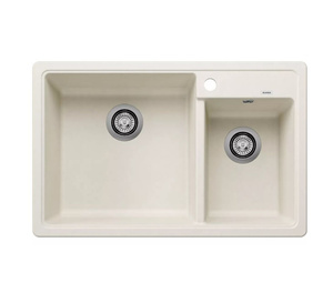 Zlewozmywak Blanco Legra 8 Silgranit delikatny biały zlew wpuszczany w blat dwukomorowy odwracalny klasyczny kształt połączony z nowoczesną funkcjonalnością