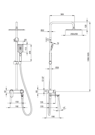 Deszczownica z baterią wannową Deante Alpinia czarna z ruchomą wylewką i słuchawką z systemem Anti-calc