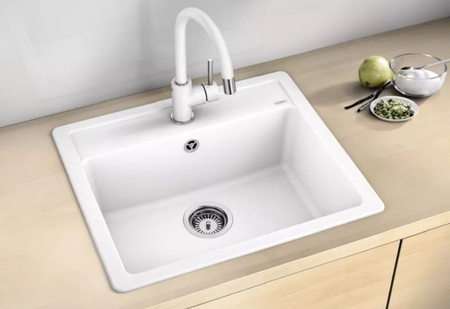 Zlewozmywak Blanco Legra 6 Silgranit delikatny biały zlew wpuszczany w blat jednokomorowy odwracalny klasyczny kształt połączony z nowoczesną funkcjonalnością